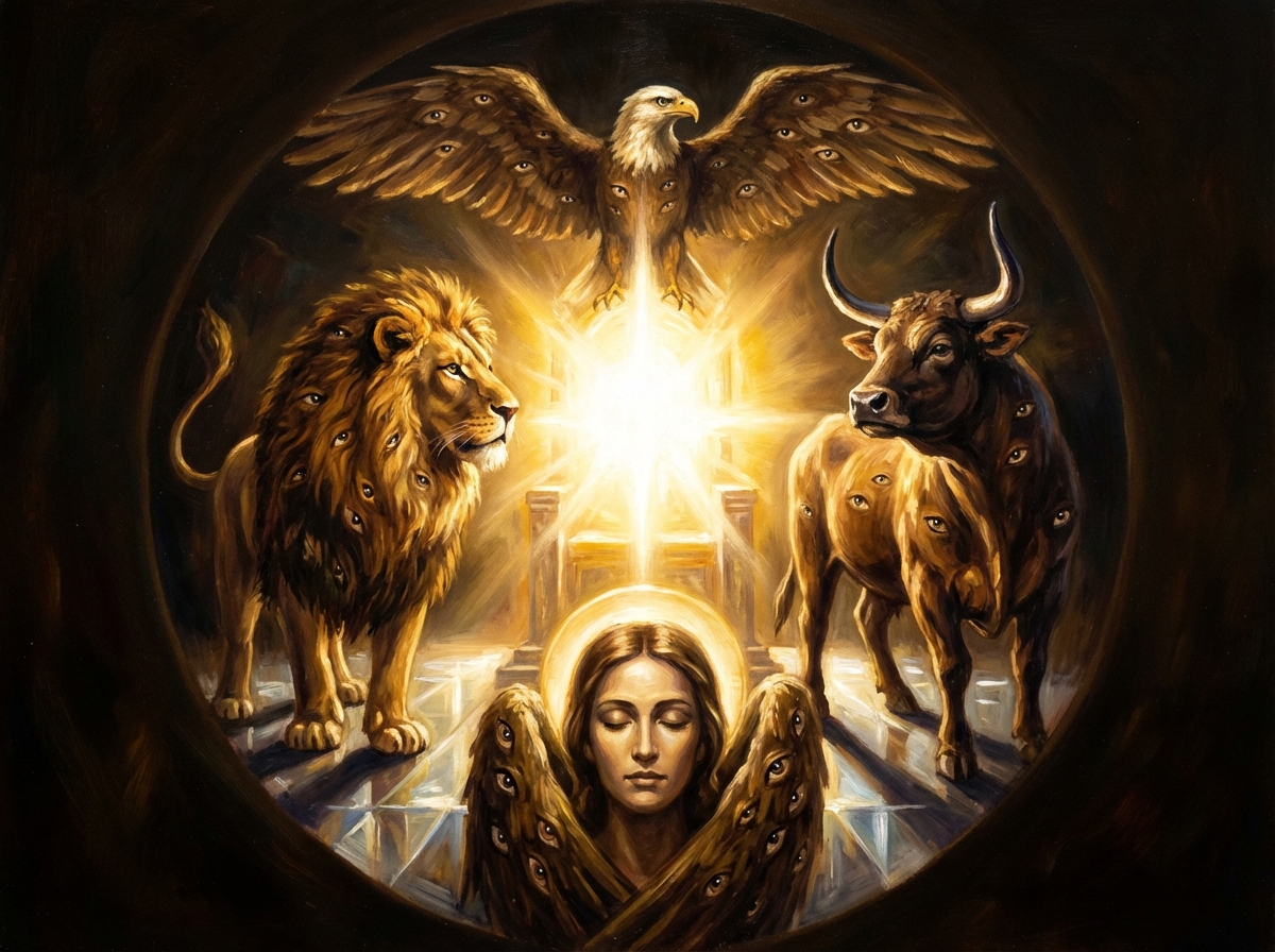 Four living creatures around the throne of God