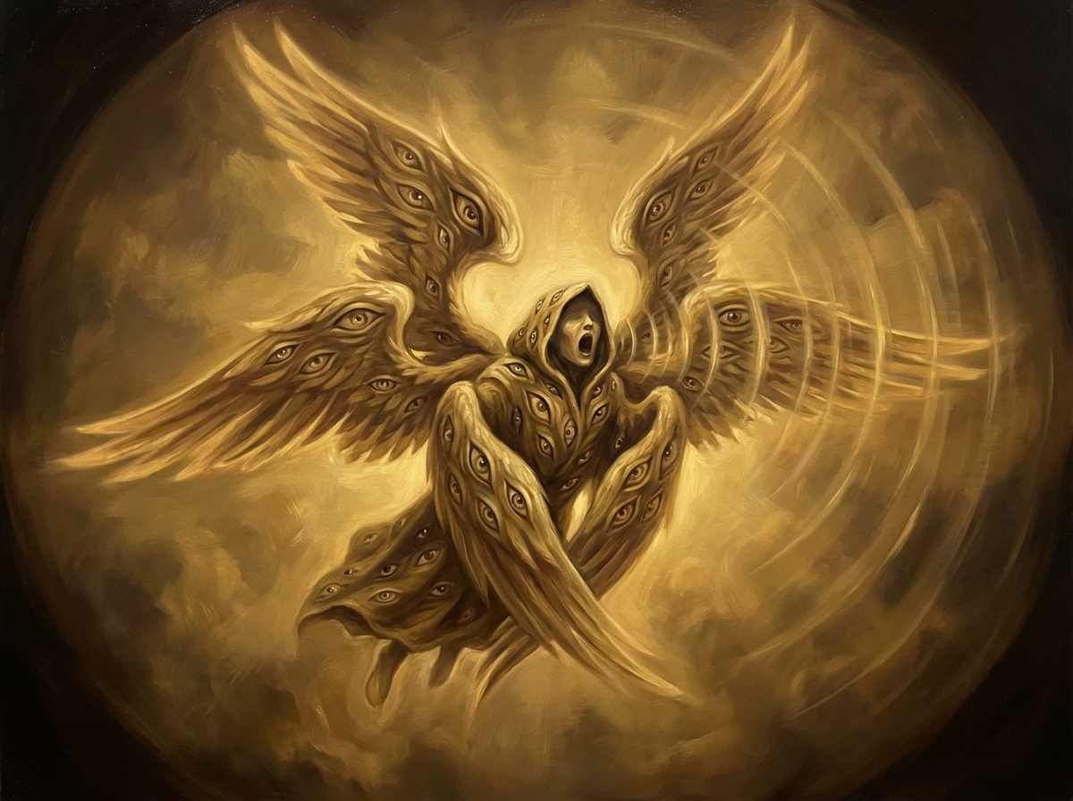 A living creature with six wings crying Holy