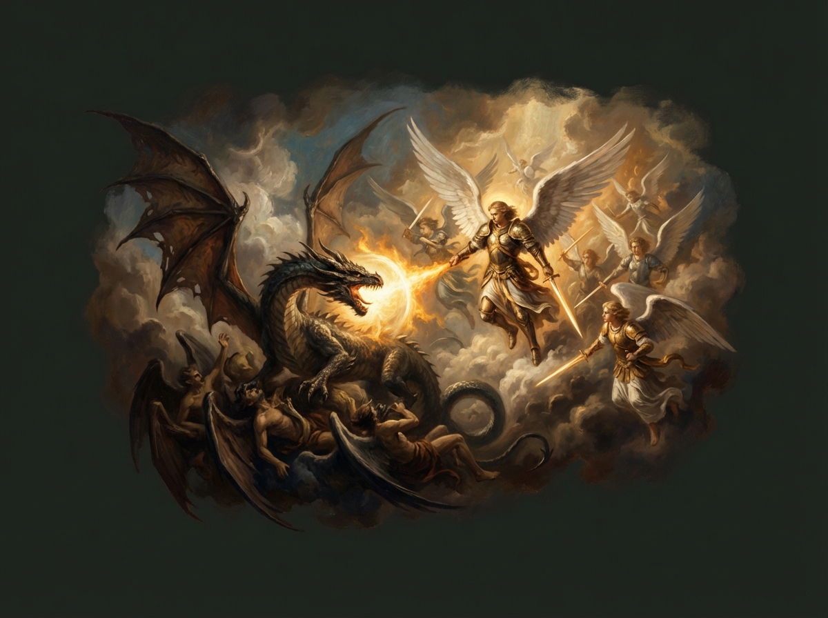 Michael and his angels battling the dragon in heaven